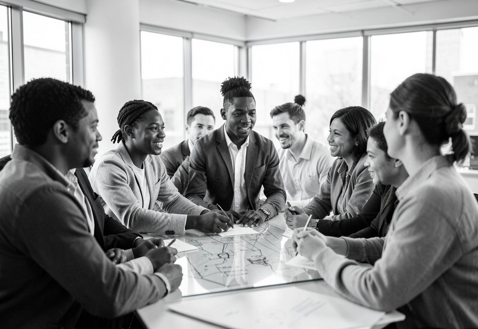 A diverse group of professionals collaborating during an operations planning session